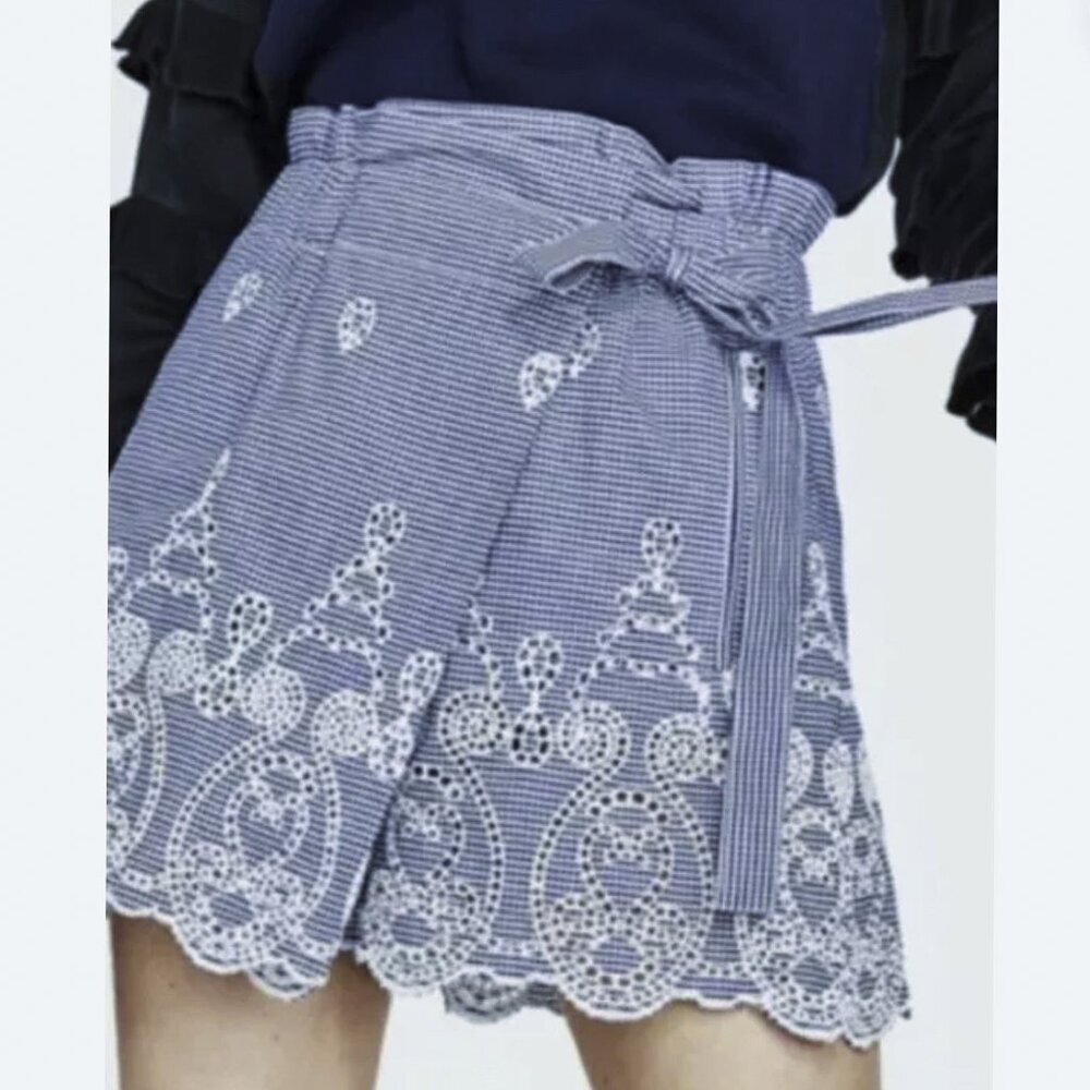 Zara‎ Woman Faux-Wrap Skort w/Pockets Embroidered Gingham Indigo & White Size M